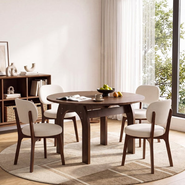 English Elm 51.2 Solid Wood Drop Leaf Oval Farmhouse Dining Set with Chenille Upholstered Chairs 51.2 inches Beige, Walnut W6013S00020