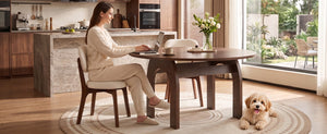 English Elm 51.2 Solid Wood Drop Leaf Oval Farmhouse Dining Set with Chenille Upholstered Chairs 51.2 inches Beige, Walnut W6013S00020