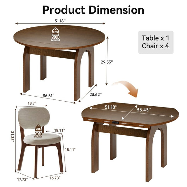 English Elm 51.2 Solid Wood Drop Leaf Oval Farmhouse Dining Set with Chenille Upholstered Chairs 51.2 inches Beige, Walnut W6013S00020