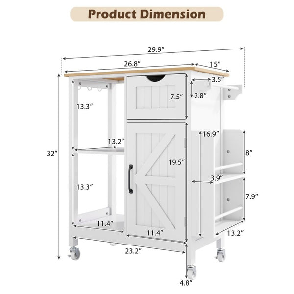 English Elm Kitchen Island Cart Bamboo Top Barn Door Cabinet Rolling Farmhouse Storage Organizer W6018P506371