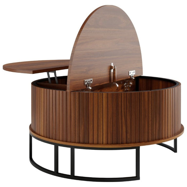 English Elm 31.5 Inch Round Fluted Walnut Lift Top Coffee Table with Hidden Storage for Living Room W6018P506373