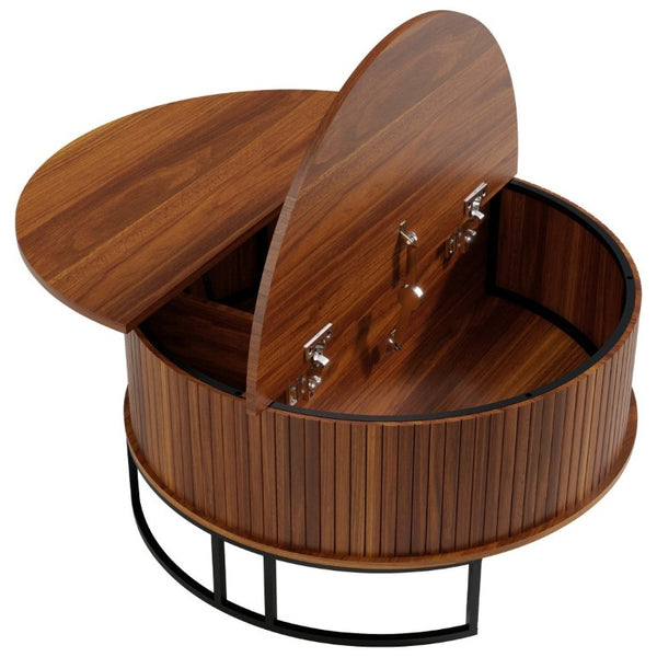 English Elm 31.5 Inch Round Fluted Walnut Lift Top Coffee Table with Hidden Storage for Living Room W6018P506373
