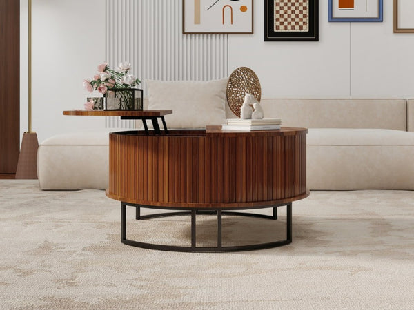 English Elm 31.5 Inch Round Fluted Walnut Lift Top Coffee Table with Hidden Storage for Living Room W6018P506373