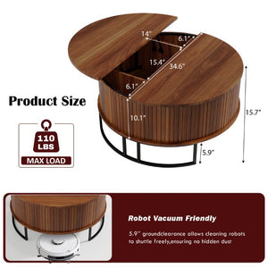 English Elm 31.5 Inch Round Fluted Walnut Lift Top Coffee Table with Hidden Storage for Living Room W6018P506373