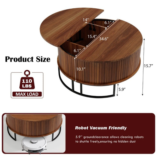 English Elm 31.5 Inch Round Fluted Walnut Lift Top Coffee Table with Hidden Storage for Living Room W6018P506373