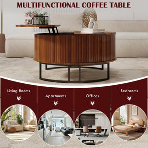 English Elm 31.5 Inch Round Fluted Walnut Lift Top Coffee Table with Hidden Storage for Living Room W6018P506373