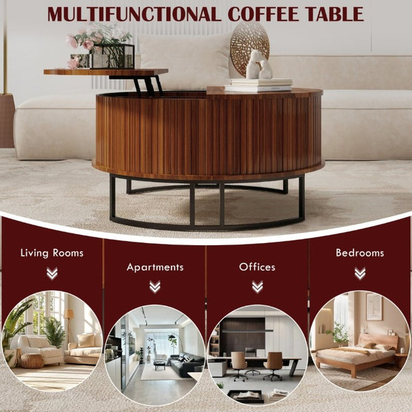 English Elm 31.5 Inch Round Fluted Walnut Lift Top Coffee Table with Hidden Storage for Living Room W6018P506373