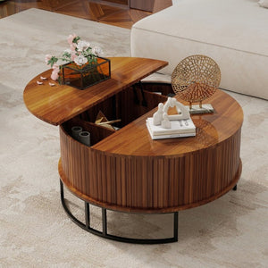 English Elm 31.5 Inch Round Fluted Walnut Lift Top Coffee Table with Hidden Storage for Living Room W6018P506373