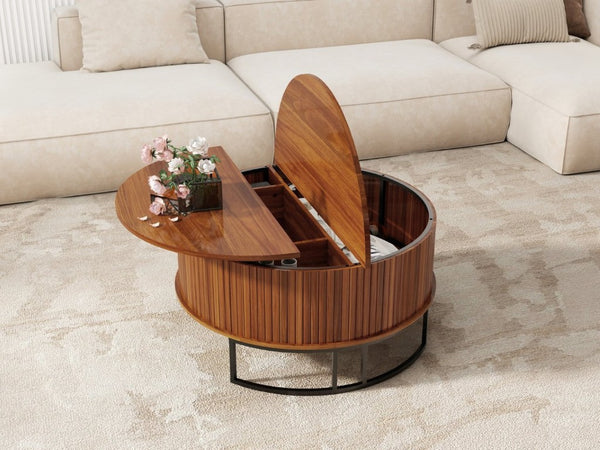 English Elm 31.5 Inch Round Fluted Walnut Lift Top Coffee Table with Hidden Storage for Living Room W6018P506373