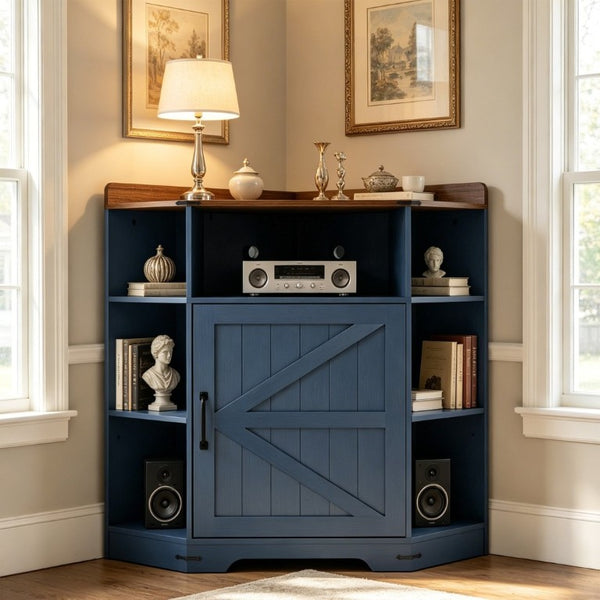 English Elm Corner Industrial Bookshelf with Built-In USB Charging Six Cubby Wooden Organizer Blue+Brown W6018P506375