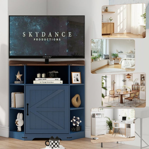 English Elm Corner Industrial Bookshelf with Built-In USB Charging Six Cubby Wooden Organizer Blue+Brown W6018P506375