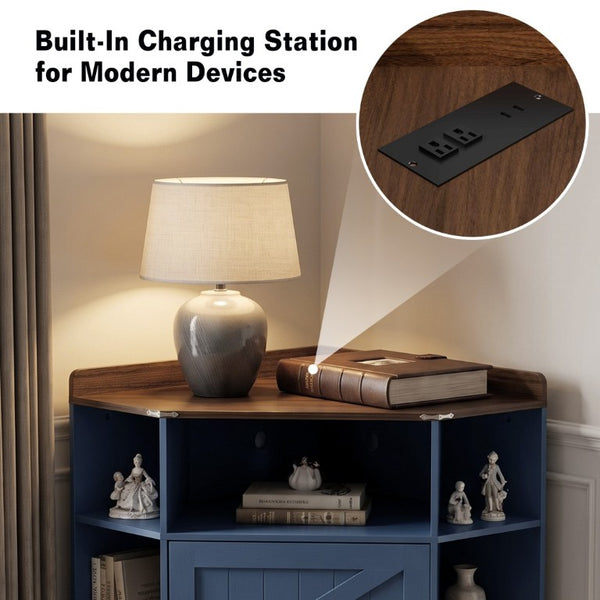 English Elm Corner Industrial Bookshelf with Built-In USB Charging Six Cubby Wooden Organizer Blue+Brown W6018P506375