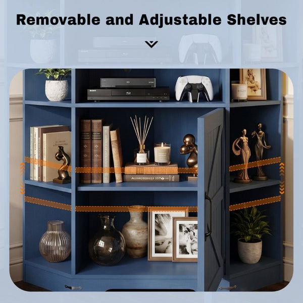 English Elm Corner Industrial Bookshelf with Built-In USB Charging Six Cubby Wooden Organizer Blue+Brown W6018P506375