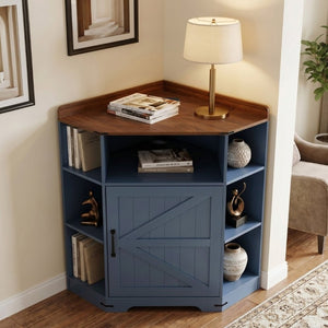 English Elm Corner Industrial Bookshelf with Built-In USB Charging Six Cubby Wooden Organizer Blue+Brown W6018P506375