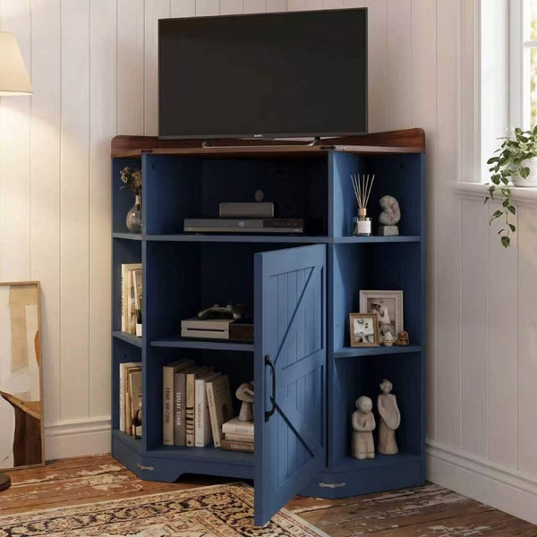 English Elm Corner Industrial Bookshelf with Built-In USB Charging Six Cubby Wooden Organizer Blue+Brown W6018P506375