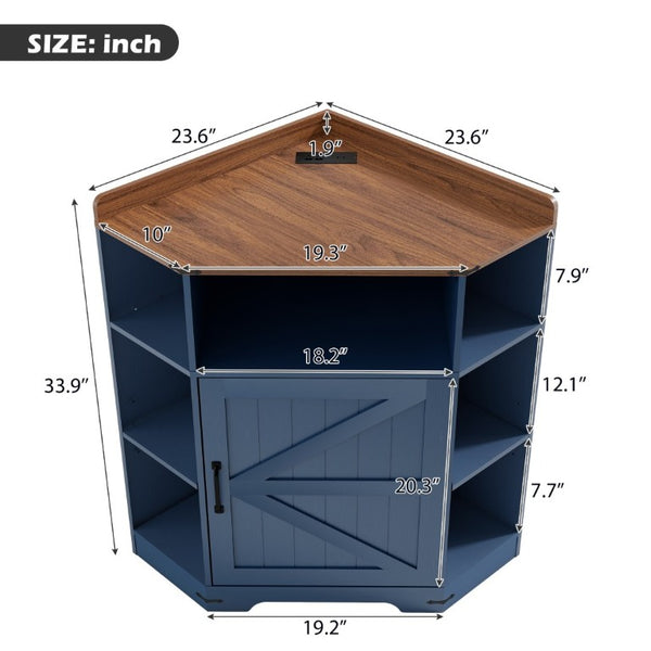 English Elm Corner Industrial Bookshelf with Built-In USB Charging Six Cubby Wooden Organizer Blue+Brown W6018P506375