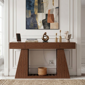 English Elm 60 Inch Slim Walnut Console Table with Power Outlets Slatted Shelf and Sofa Storage W6018P506376