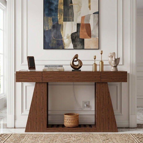 English Elm 60 Inch Slim Walnut Console Table with Power Outlets Slatted Shelf and Sofa Storage W6018P506376