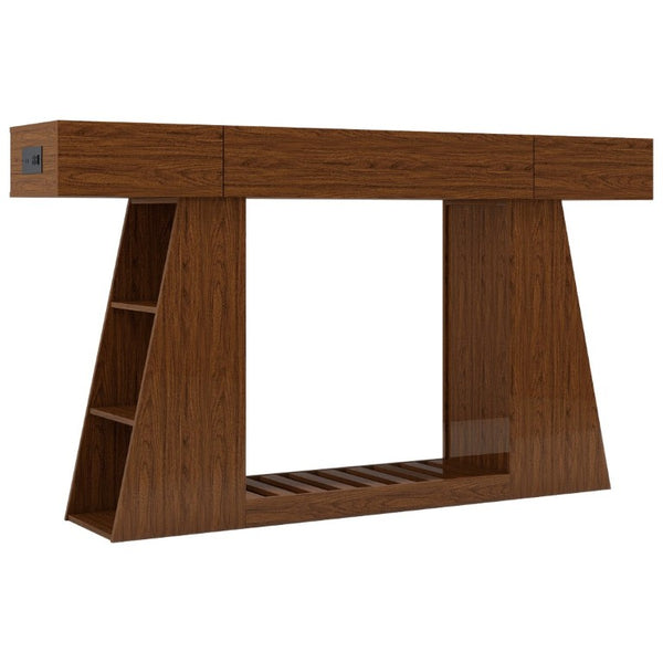 English Elm 60 Inch Slim Walnut Console Table with Power Outlets Slatted Shelf and Sofa Storage W6018P506376