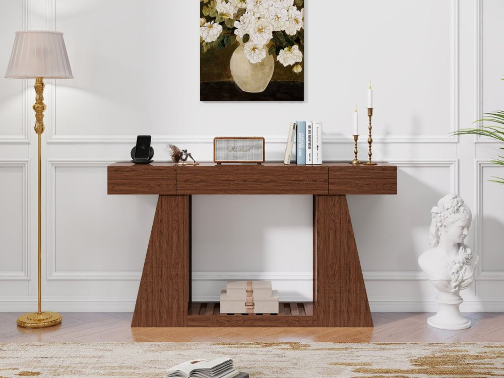 English Elm 60 Inch Slim Walnut Console Table with Power Outlets Slatted Shelf and Sofa Storage W6018P506376