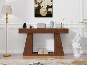 English Elm 60 Inch Slim Walnut Console Table with Power Outlets Slatted Shelf and Sofa Storage W6018P506376