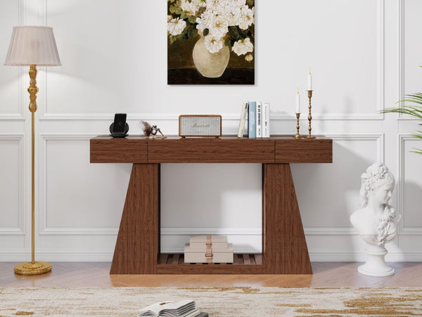 English Elm 60 Inch Slim Walnut Console Table with Power Outlets Slatted Shelf and Sofa Storage W6018P506376