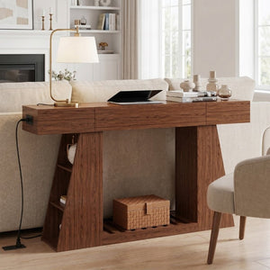 English Elm 60 Inch Slim Walnut Console Table with Power Outlets Slatted Shelf and Sofa Storage W6018P506376