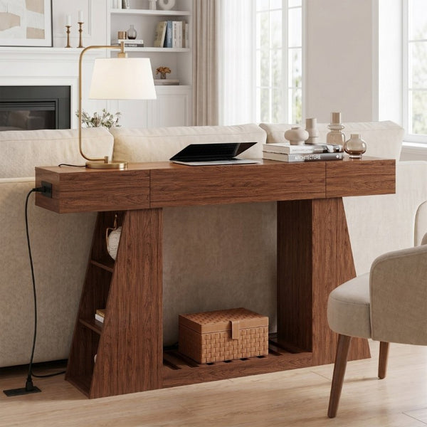 English Elm 60 Inch Slim Walnut Console Table with Power Outlets Slatted Shelf and Sofa Storage W6018P506376