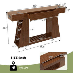 English Elm 60 Inch Slim Walnut Console Table with Power Outlets Slatted Shelf and Sofa Storage W6018P506376