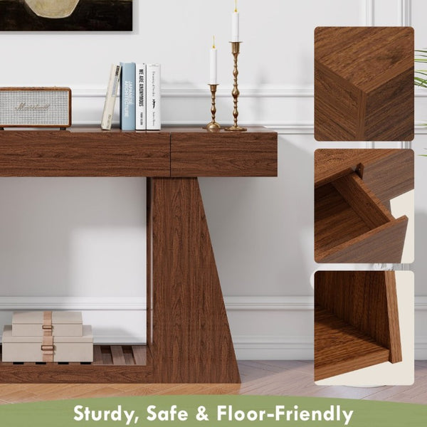 English Elm 60 Inch Slim Walnut Console Table with Power Outlets Slatted Shelf and Sofa Storage W6018P506376