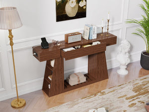 English Elm 60 Inch Slim Walnut Console Table with Power Outlets Slatted Shelf and Sofa Storage W6018P506376