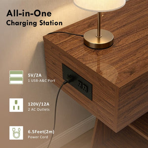 English Elm 60 Inch Slim Walnut Console Table with Power Outlets Slatted Shelf and Sofa Storage W6018P506376