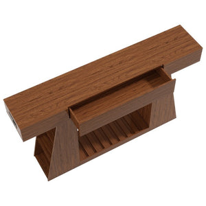 English Elm 60 Inch Slim Walnut Console Table with Power Outlets Slatted Shelf and Sofa Storage W6018P506376