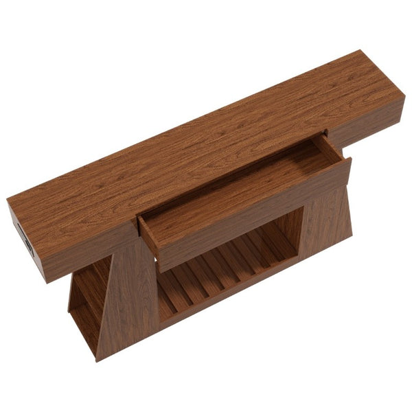 English Elm 60 Inch Slim Walnut Console Table with Power Outlets Slatted Shelf and Sofa Storage W6018P506376
