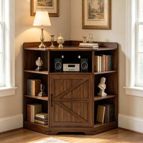 English Elm Corner Industrial Bookshelf with Built-In USB Charging Six Cubby Wooden Organizer Walnut W6018P506378