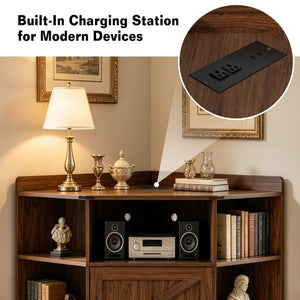 English Elm Corner Industrial Bookshelf with Built-In USB Charging Six Cubby Wooden Organizer Walnut W6018P506378