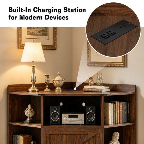 English Elm Corner Industrial Bookshelf with Built-In USB Charging Six Cubby Wooden Organizer Walnut W6018P506378