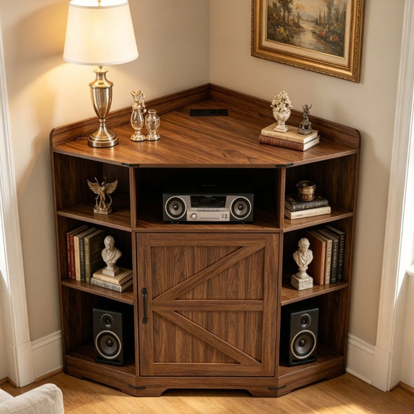 English Elm Corner Industrial Bookshelf with Built-In USB Charging Six Cubby Wooden Organizer Walnut W6018P506378