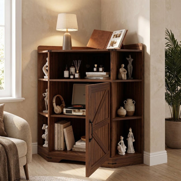 English Elm Corner Industrial Bookshelf with Built-In USB Charging Six Cubby Wooden Organizer Walnut W6018P506378