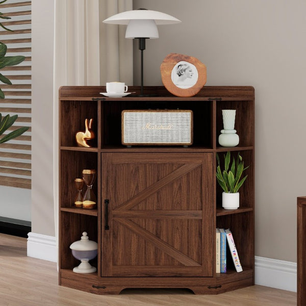 English Elm Corner Industrial Bookshelf with Built-In USB Charging Six Cubby Wooden Organizer Walnut W6018P506378