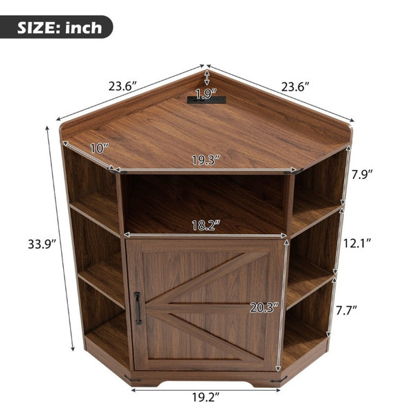 English Elm Corner Industrial Bookshelf with Built-In USB Charging Six Cubby Wooden Organizer Walnut W6018P506378