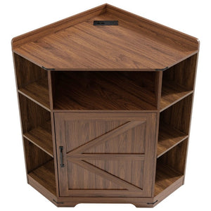 English Elm Corner Industrial Bookshelf with Built-In USB Charging Six Cubby Wooden Organizer Walnut W6018P506378