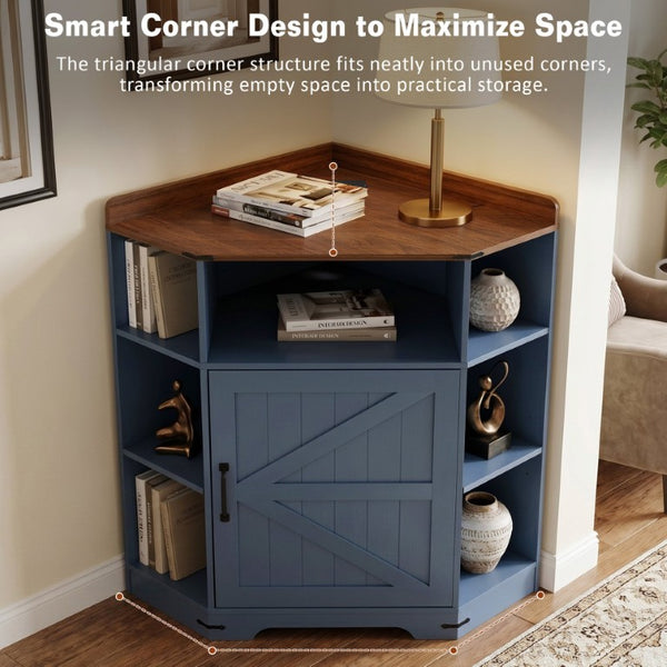 English Elm Corner Storage Shelf with USB Charging Industrial Wood Six Cubby Organizer for Living Room Blue+Brown W6018P577720