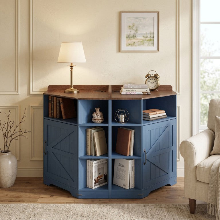 English Elm Corner Storage Shelf with USB Charging Industrial Wood Six Cubby Organizer for Living Room Blue+Brown W6018P577720