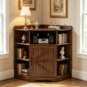 English Elm Corner Storage Shelf with USB Charging Industrial Wood Six Cubby Organizer for Living Room Walnut W6018P577721