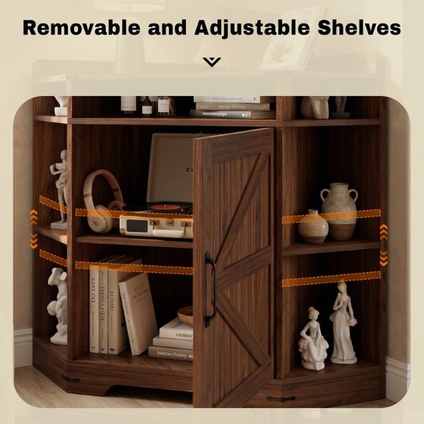 English Elm Corner Storage Shelf with USB Charging Industrial Wood Six Cubby Organizer for Living Room Walnut W6018P577721