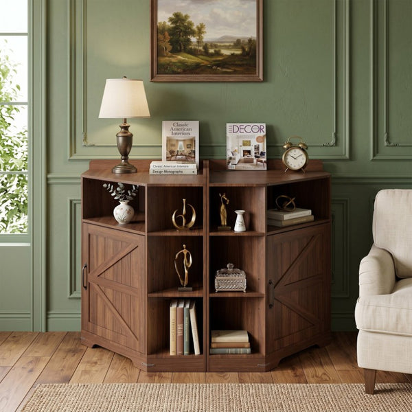English Elm Corner Storage Shelf with USB Charging Industrial Wood Six Cubby Organizer for Living Room Walnut W6018P577721