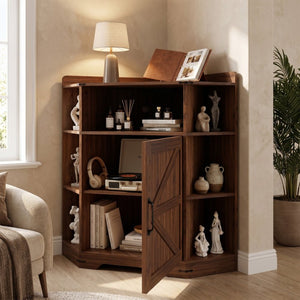 English Elm Corner Storage Shelf with USB Charging Industrial Wood Six Cubby Organizer for Living Room Walnut W6018P577721