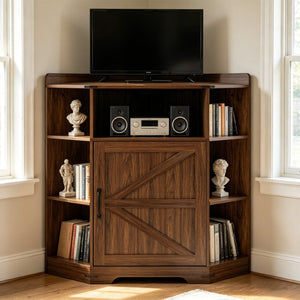 English Elm Corner Storage Shelf with USB Charging Industrial Wood Six Cubby Organizer for Living Room Walnut W6018P577721