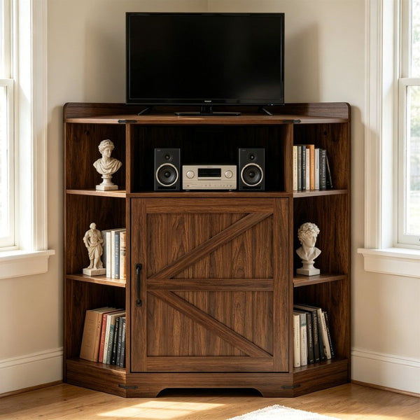English Elm Corner Storage Shelf with USB Charging Industrial Wood Six Cubby Organizer for Living Room Walnut W6018P577721